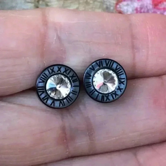 Black Roman Numerals Designer Style AAA Zircon Stud Earrings NWT - Picture 1 of 4